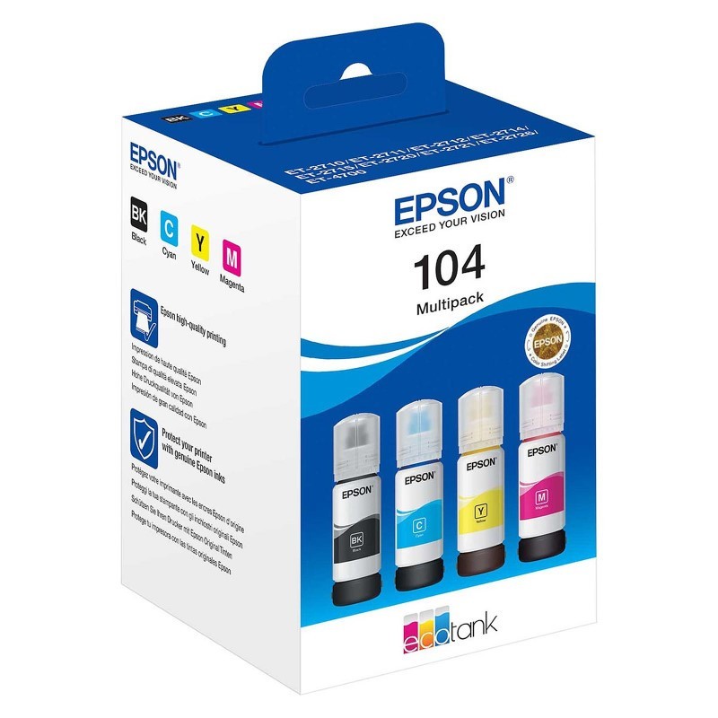 4 botellas de tinta Epson 104 para EcoTank de 65 ml. Tinta original  multipack serie 104