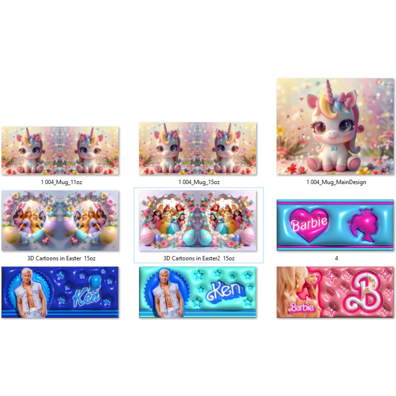 Modèles 3D et designs 3D pour les tasses de sublimation Barbie, Princesses et Licorne