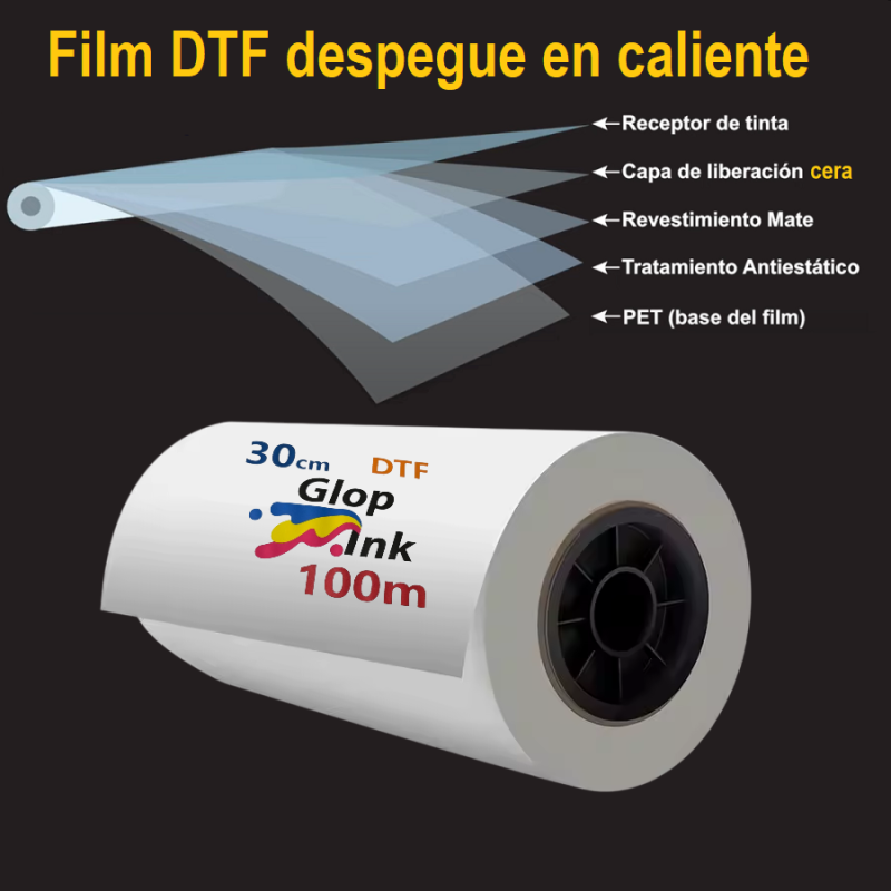 Film DTF bobina 30 cm x 100 m, rollo PET despegue en caliente GlopInk
