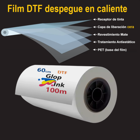 Filme de transferência DTF bobina 60 cm x 100 m, rolo PET destacável a quente GlopInk