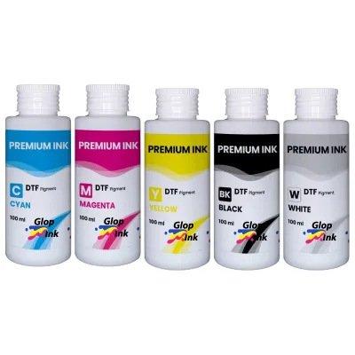 Tinta DTF GlopInk, 5 garrafas de 100 ml. Tinta DTF Branco e cmyk