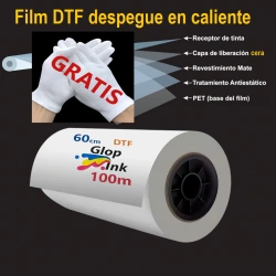 Film DTF bobina 60cm x 100m, rollo PET despegue en caliente GlopInk con guantes gratis