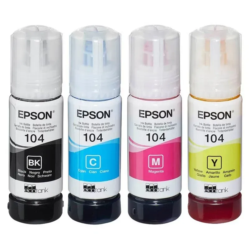 4 botellas de tinta Epson 104 para EcoTank de 65 ml. Tinta original multipack serie 104
