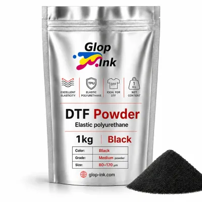 Pó DTF termoadesivo preto de tratamento para transferência de poliuretano elástico, 1 kg