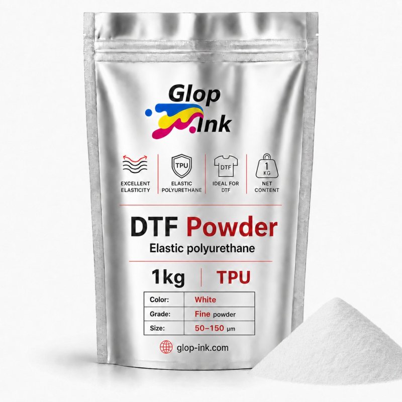 Poudre DTF blanche 100 % TPU à grains fins (50 à 150 microns), en sachet de 1 kg