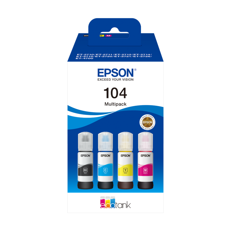 4 bouteilles d'encre Epson 104 pour Ecotank 65 ml. Multipack original de l'encre 104